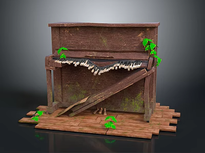 Old Weathered Piano With Cracked Surface And Green Vines On Wooden Planks 3d model