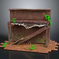 Old Weathered Piano With Cracked Surface And Green Vines On Wooden Planks
