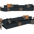 Blue L shaped Sectional Sofa With Orange Gray Cushions Throw Blanket And Side Table 3d model