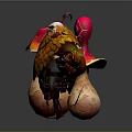 Cartoon Character With Orange Yellow Feathered Body Holding Two Red Cap Mushrooms With White Spots