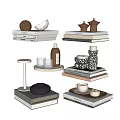Tabletop Decorative Ornament Set With Stacked Books Marble Tray Cup And Glass