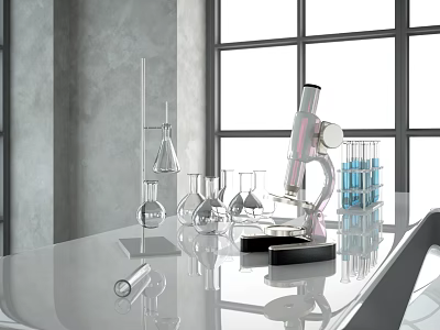 Laboratory Medical Devices With Microscope Beakers Test Tube Racks And Glassware 3d model