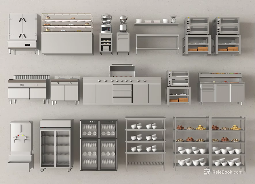 Commercial Kitchen Interior With Storage Shelves Cabinets Dishes Utensils And Refrigerators 3d model 