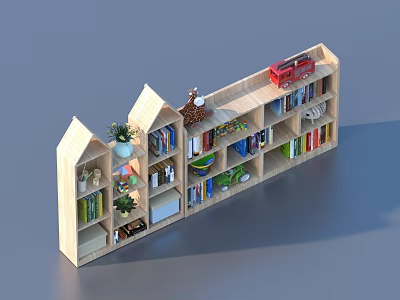 Wooden Storage Shelving Unit With Books Toys Plants And Decorative Items 3d model