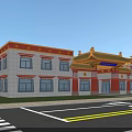 Traditional Ancient Architecture Building With Yellow Roof Red Decorations And White Walls