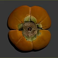 Single Fresh Orange Persimmon With Smooth Skin And Green Leaf Top On Dark Shiny Background