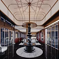 Elegant Chinese Hotel Lobby Interior With Central Sculpture Marble Floor And Wooden Accents
