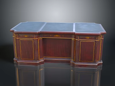Elegant Mahogany Desk With Gold Trim Carved Details And Cabinet Storage 3d model