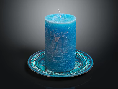 Blue Candle Lamp with Decorative Blue Plate and Wick on Dark Background 3d model
