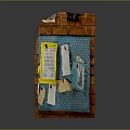Brick Wall Mounted Blue Bulletin Board With Calendar Papers And Push Pins