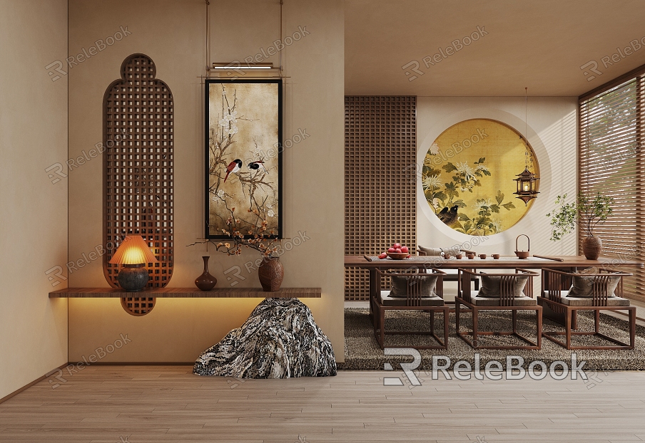 New Chinese Tea Room Chinese Background Wall Tea Table and Chair Combination Decorative Painting Partition Entrance model