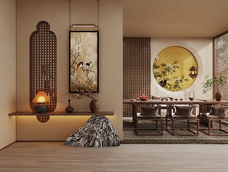 New Chinese Tea Room Chinese Background Wall Tea Table and Chair Combination Decorative Painting Partition Entrance 3d model