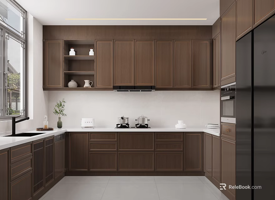 Modern Kitchen Interior Design With Dark Brown Wooden Cabinets White Countertop And Stainless Steel Appliances 3d model 