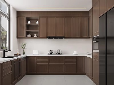 Modern Kitchen Interior Design With Dark Brown Wooden Cabinets White Countertop And Stainless Steel Appliances 3d model