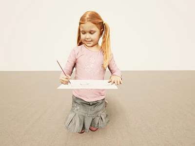Young Blonde Girl With Pigtails Drawing On Paper Using Red Pencil On Light Colored Carpet 3d model