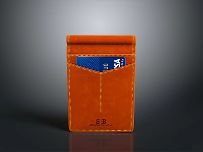 Orange Leather Card Holder With Stitched Design Card Slot And Monogram SB 3d model