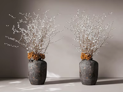 Two Dark Textured Vases With White Floral Branches And Orange Accents 3d model
