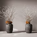Two Dark Textured Vases With White Floral Branches And Orange Accents