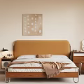 Cozy Double Bed with Yellow Headboard White Brown Bedding Nightstand Lamp Wall Art Brown Curtains