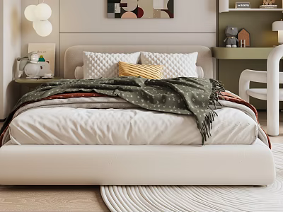 Cozy Kids Bed With Soft Pillows Warm Blanket Nightstand And Decorative Wall Lamp 3d model