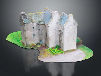 Cartoon Scene of Ancient Stone Building with Multiple Chimneys Green Grass Base and Front Structure 3d model