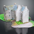 Cartoon Scene of Ancient Stone Building with Multiple Chimneys Green Grass Base and Front Structure