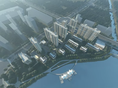 Aerial View Urban Planning With High Rise Residential Buildings Riverside Lake Green Spaces And Roads 3d model