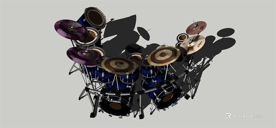 Complete Blue Drum Set With Various Drums Purple Cymbals And Metal Stands 3d model 