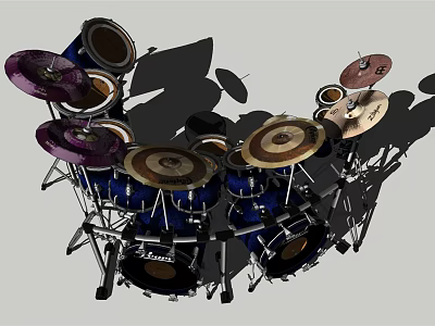 Complete Blue Drum Set With Various Drums Purple Cymbals And Metal Stands 3d model