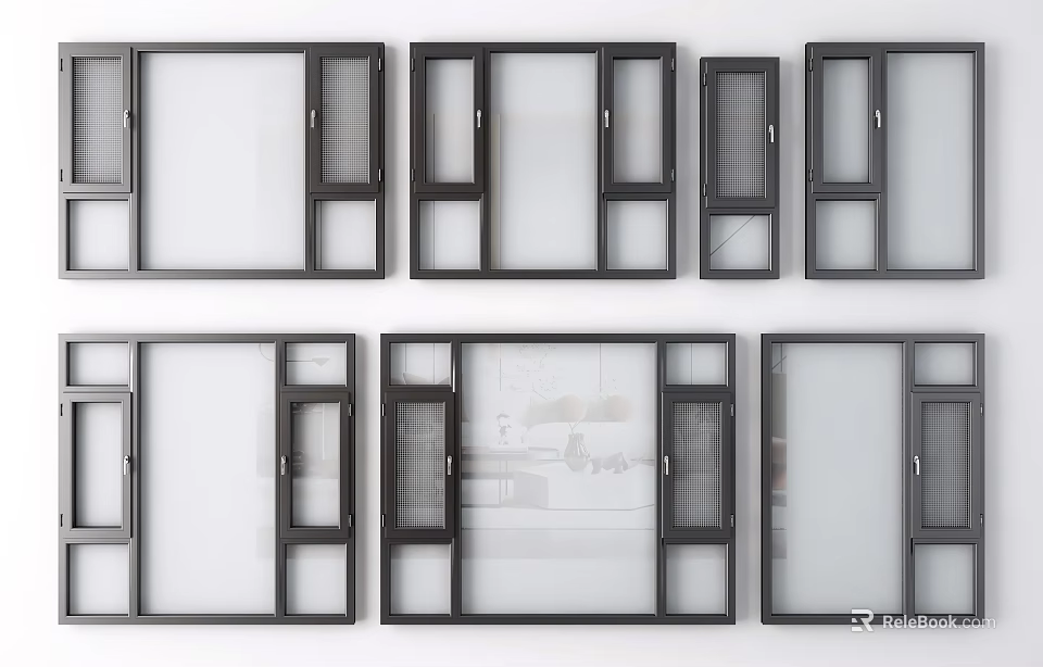 Various Modern Window Designs With Grid Patterns And Frame Styles 3d model