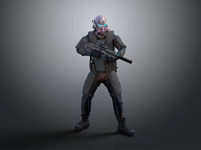 Sci Fi Game Character With Helmet Glowing Eyes In Tactical Outfit Holding Rifle Standing Pose 3d model