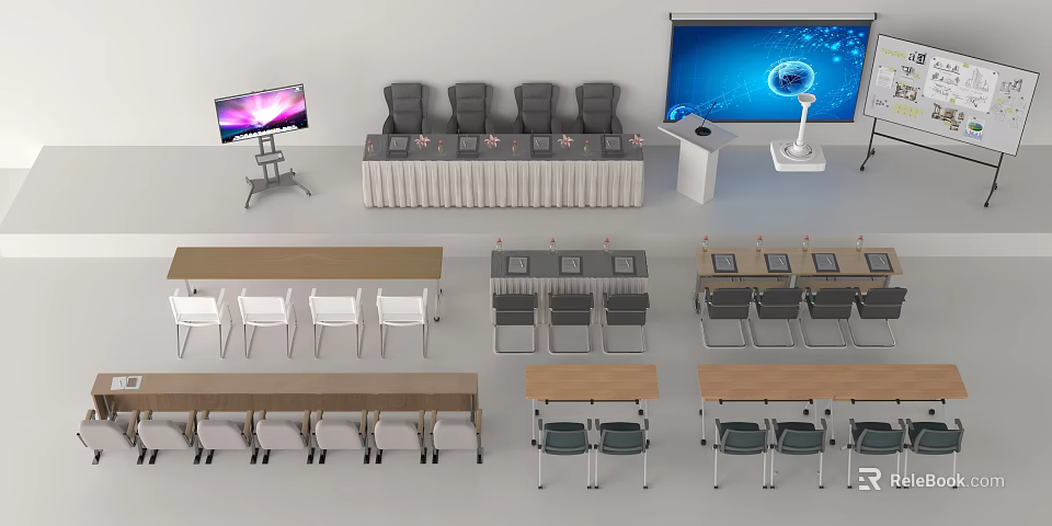 Modern Meeting Table Setup With Chairs Podium Display And Large Screen 3d model
