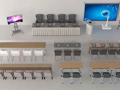Modern Meeting Table Setup With Chairs Podium Display And Large Screen 3d model