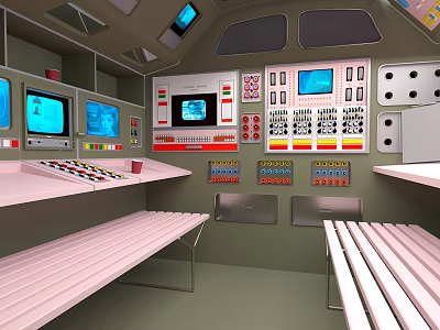 Control Room Interior With Multiple Screens Control Panels Buttons Indicator Lights And Benches 3d model