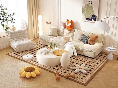 Cozy Living Room Sofa Coffee Table Set With Pillows Woven Rug And Stuffed Toys 3d model