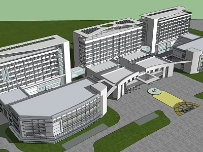 Modern Multi Storey Hospital Building Complex With Green Lawn And Plaza Area 3d model