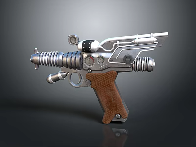 Futuristic Sci Fi Weapon With Metallic Body And Brown Wooden Grip 3d model