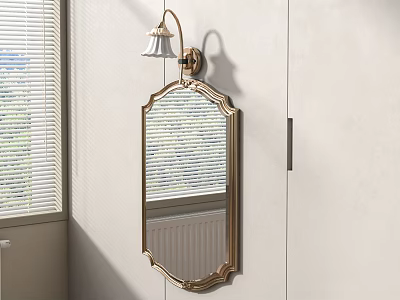 Ornate Gold Frame Mirror Mounted on Wall With Wall Sconce and Window Blinds 3d model