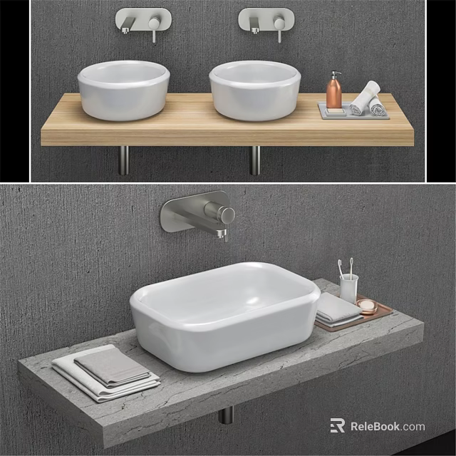 White Round And Rectangular Washbasins On Wooden And Grey Countertops With Toiletries 3d model 
