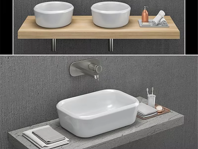 White Round And Rectangular Washbasins On Wooden And Grey Countertops With Toiletries 3d model