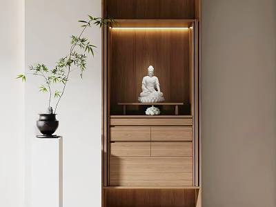 Elegant Wooden Buddhist Shrine Cabinet With Buddha Statue Bamboo Plant And Warm Lighting 3d model