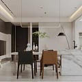 Modern Dining Living Room Interior With Dining Table Chairs Pendant Lights And Marble Elements 3d model