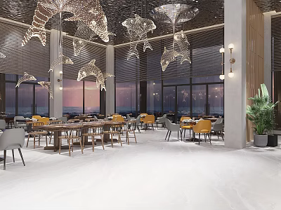 Modern Luxury Restaurant Featuring Fish Shaped Chandeliers Large Windows Ocean View Yellow Seats Marble Flooring 3d model