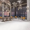Modern Luxury Restaurant Featuring Fish Shaped Chandeliers Large Windows Ocean View Yellow Seats Marble Flooring