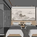 Hotel Guest Room With Twin Beds Chinese Landscape Painting Wall Open Bathroom And Glass Partition