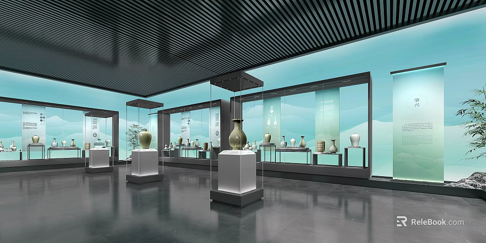 Elegant Exhibition Hall Interior Featuring Glass Display Cases And Ceramic Vases 3d model 