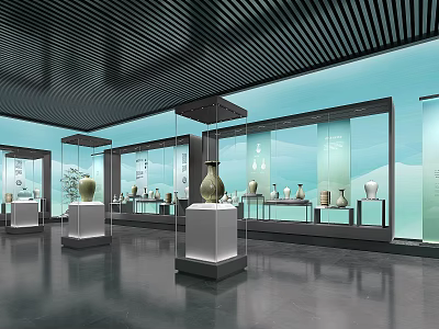 Elegant Exhibition Hall Interior Featuring Glass Display Cases And Ceramic Vases 3d model