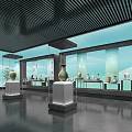 Elegant Exhibition Hall Interior Featuring Glass Display Cases And Ceramic Vases