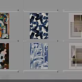 Abstract Paintings Displayed on White Shelves in Two Rows with Various Colorful Designs