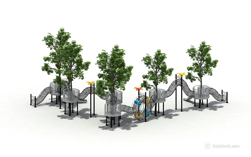 Modern Outdoor Playground With Multiple Slides Trees And Climbing Structures 3d model